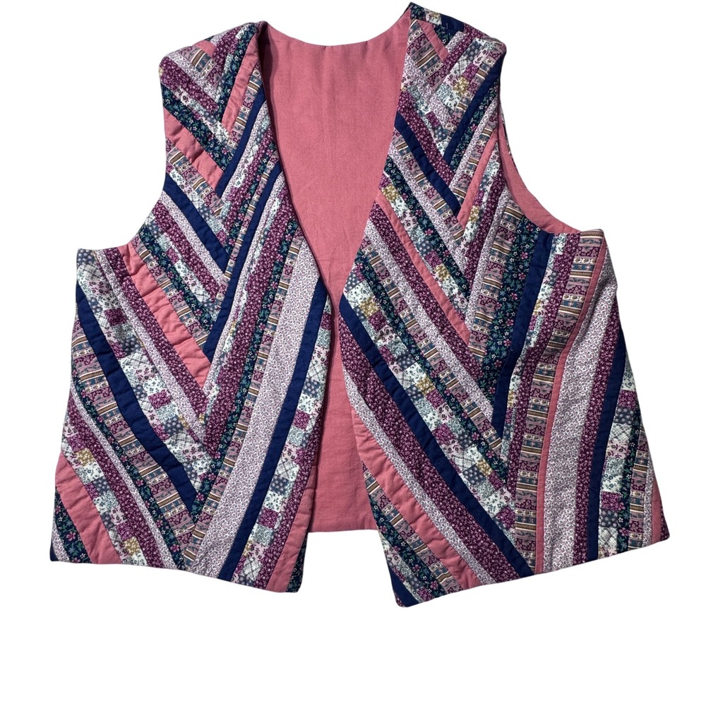Handmade Quilted Vest Women Large Pink Floral Patchwork Chevron Cottagecore Boho